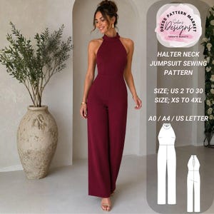 Halter Neck Back Keyhole Jumpsuit Sewing Pattern (PDF), Sizes US 2-30