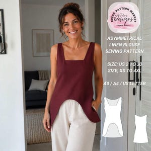 Könnte beinhalten: Eine ärmellose Bluse aus dunkelburgunderfarbenem Leinen mit quadratischem Ausschnitt und asymmetrischem Saum. Das Bild enthält den Text: Dress Pattern Market Selin's Designs, Asymmetrical Linen Blouse Sewing Pattern, Size US 2 to 30, XS to 4XL, A0/A4/US Letter.