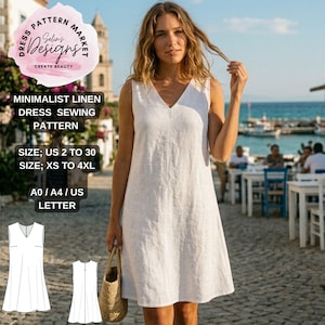 以下が含まれることがあります： 白いリネンのVネックノースリーブドレスを着た女性。画像には「Dress Pattern Market Designs」、「Minimalist Linen Dress Sewing Pattern」というテキストとサイズ情報が含まれています。ドレスパターンはUS 2〜30、XS〜4XLのサイズで利用できます。
