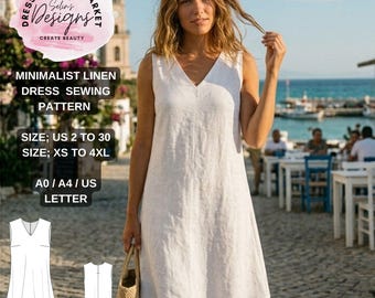 Minimalist Linen Dress Sewing Pattern, Sleeveless V-Neck Tunic, Sizes 2-30 (Digital Download)