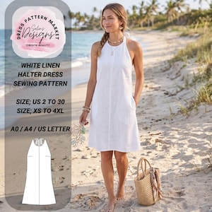 Peut inclure: Un patron de couture de robe dos nu en lin blanc avec le texte "Dress Pattern Market Selin's Designs Create Beauty". La robe est portée par une femme sur une plage. Tailles US 2 à 30 et XS à 4XL disponibles.
