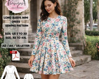 Long Sleeve Mini Dress Sewing Pattern, Fit Flare, Women's Sizes 2-30 (PDF Download)
