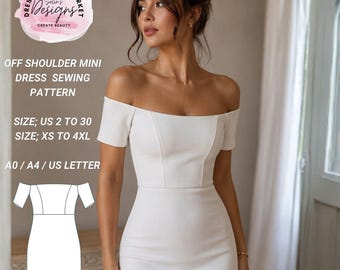 Off Shoulder Mini Dress Sewing Pattern | Bodycon Cocktail Fitted (Digital Download)