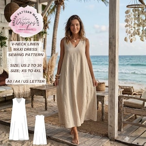 Puede incluir: Una mujer con un vestido largo de lino beige con cuello en V. El vestido es sin mangas y llega hasta los tobillos. La imagen incluye un patrón de costura con el texto "V-NECK LINEN MAXI DRESS SEWING PATTERN" y opciones de tallas.
