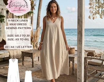 V-Neck Linen Maxi Dress Sewing Pattern, Ankle Length Sleeveless (PDF Download)