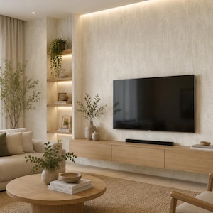 Op de afbeelding: Een moderne woonkamer met een grote flatscreen-tv gemonteerd op een licht houten kast. Een beige bank met groene en beige kussens, een ronde houten salontafel en decoratieve vazen met groen. De kamer heeft neutrale tinten en een minimalistisch design.