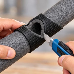 May include: A gray cylindrical foam pipe insulation tube being cut with a blue utility knife. A black plastic guide tool is clamped around the foam, featuring a slotted opening that directs the blade for a precise, straight cut through the material.