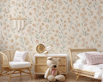 Vintage Watercolor Floral Wallpaper – Beige Botanical Non Woven Wallpaper – Neutral Cottagecore Wall Decor – Nursery & Bedroom Wallpaper