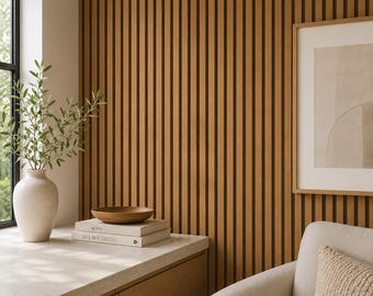 Brown Wood Slat Wallpaper | Modern Oak Wood Panel Wallpaper  | Non-Woven Wallpaper | Scadinavian Accent Wall  | Living Room Decor