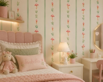 Whimsical Mushroom Stripe Wallpaper | Sage Green Cottagecore Wallcovering | Non-Woven Nursery Wallpaper | Kids Room Decor