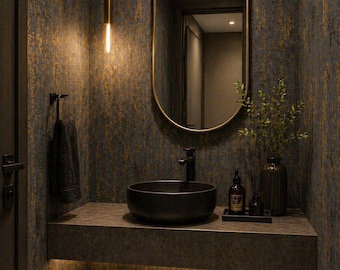 Papel pintado texturizado abstracto en gris oscuro y dorado / Revestimiento de pared moderno de estilo industrial y lujoso