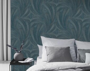 Petrol Blue Wavy Wallpaper | Modern Non-Woven Wall Covering | Elegant Wave Pattern Wallpaper | Textured Accent Wall Decor.
