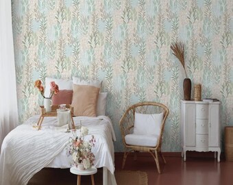 Botanical Floral Wallpaper | Sage Green & Beige Non-Woven Wallpaper | Tropical Leaf Wall Covering | Nature Inspired Decor