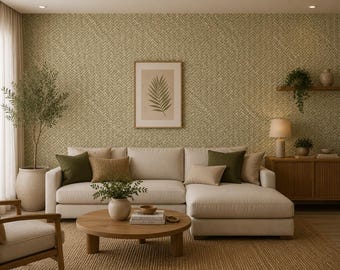 Green Woven Texture Wallpaper | Non-Woven Wall Covering | Linen Effect Wallpaper | Textured Green Wallpaper | Modern Organic Wall Decor