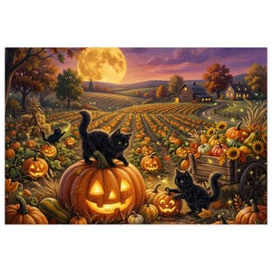 Black Cats Jack O Lantern Twilight Jigsaw Puzzle | 1000 Piece | Cozy Halloween Pumpkin Patch Art