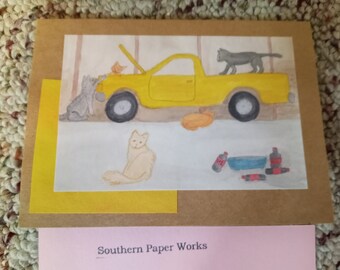 Cat Humor card "Kitty Oil Change", 5.5" X 4" cards, 3" X 4.5", 9" X 12" or custom prints