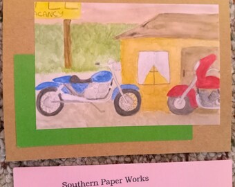 Motorcycle cards or prints, "Rest Stop", 5.5" X 4" cards, 3" X 4.5", 9" X 12" or custom print