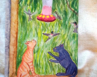 Cat humor card "Kitty Hummer Watch", 3" X 4.5", 9" X 12", or custom
