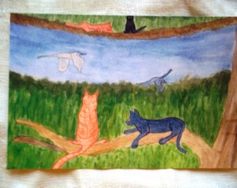 Cat Humor card "Watching the River Flow", 3" X 4.5", 9" X 12", or Custom