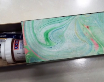 Marbled Paper Slider Box, Decorative storage for prescriptions or personal care, 6.25" X 2" X 2.25"