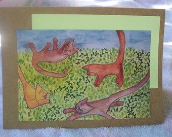 Cat Tales blank kraft paper notecard "Cat Nipping", all occasion, cat art, cat watercolor, 4" X 5.5"