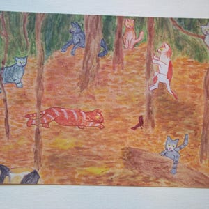 Carte humoristique « Chats dans les bois », 3 x 4,5 po. ou 9 po. X 12 po. ou personnalisée