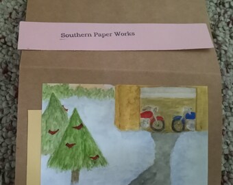 Motorcycle Christmas card 5.5"X 4" or print of original watercolor "Winter Rest"