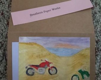 Motorcycle cards 5.5" X 4" or prints of original watercolor "ADV Tracks in the Sand"