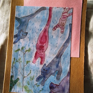 Carte humoristique de chat, « Il pleut des chats et des chats », 5,5 x 10 cm