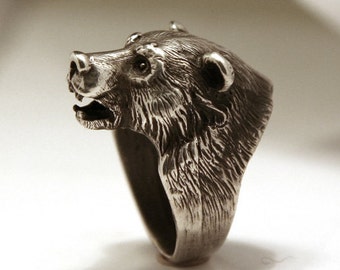 Bikers ring, Bear head sterling silver 925 ring, Good gift, Sterling silver ring,  ring for man, Grizzly bear ring. gift for men.