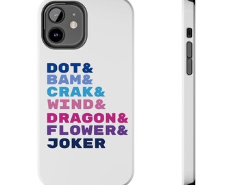 May include: White phone case with a colorful text design. The text includes the words: DOT, BAM, CRAK, WIND, DRAGON, FLOWER, and JOKER, in a gradient of blue, purple, and pink colors. The phone case has a black camera area and buttons.