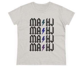 May include: A light grey t-shirt featuring the text "MA HJ" stacked four times, each with a lightning bolt graphic in blue, purple, and teal. The shirt has a crew neck and short sleeves.