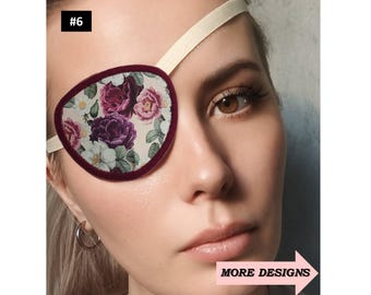 Eye patch for adult woman man with flowers. Strabismus and lazy eye for occlusion, eyepatch for treatment of amblyopia, one eye, cataracts