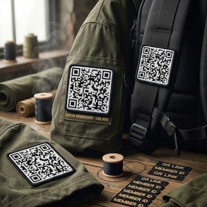 May include: Olive green fabric items featuring square white patches with black QR codes. One patch includes the text CUSTOM EMBROIDERY - LINK HERE. Several small black rectangular labels with the text QR LINK and MEMBER ID are also present.
