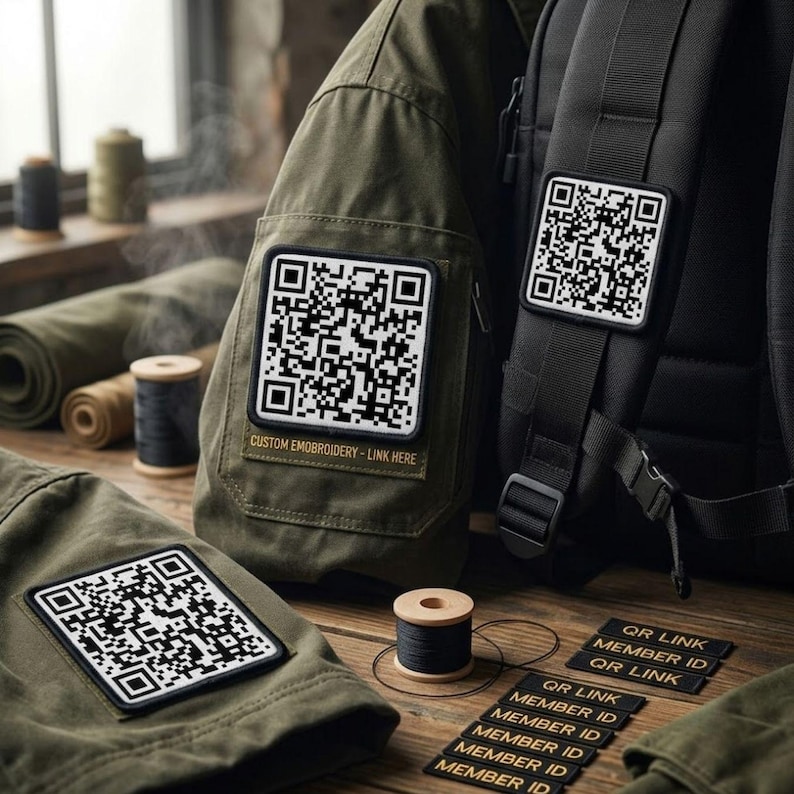 May include: Olive green fabric items featuring square white patches with black QR codes. One patch includes the text CUSTOM EMBROIDERY - LINK HERE. Several small black rectangular labels with the text QR LINK and MEMBER ID are also present.