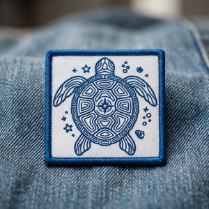 Geborduurde zeeschildpad patch, oceaan nautisch vierkant opstrijkbadge, blauwe lijn kunst schildpaddenim jasje embleem, marine dierenliefhebber cadeau