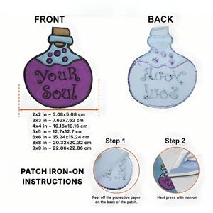 May include: An iron-on patch shaped like a potion bottle with purple liquid and the text 'YOUR SOUL'. The image displays front and back views, a list of sizes from 5.08x5.08 cm to 22.86x22.86 cm, and two instructional steps for application with an iron.