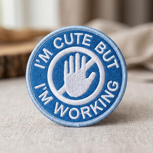 Toppa "Sono carino ma sto lavorando", distintivo blu per cane da assistenza, toppa personalizzata per animale di supporto ESA da applicare con il ferro da stiro, emblema morale per zaino con chiusura a strappo, regalo