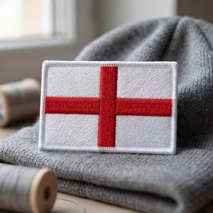 Op de afbeelding: Een rechthoekige geborduurde patch met de vlag van Engeland, bestaande uit een witte achtergrond met een centraal rood kruis. De patch heeft een witte gestikte rand en ligt op een oppervlak van gestructureerde grijze gebreide stof.