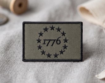1776 Betsy Ross Flag Tactical Patch, Embroidered American Revolution Morale Badge, Hook and Loop OD Green Patriotic Crest Vest Backpack Gear