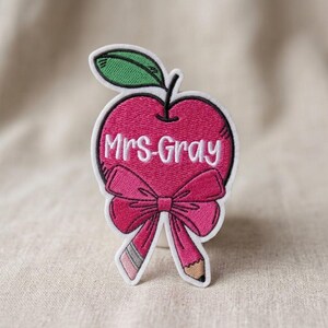 Custom Teacher Mrs Gray Patch, Pink Apple Embroidered Badge, Back to School Iron On Hook Loop Fastener, Personalized Cute Coquette Bow Gift