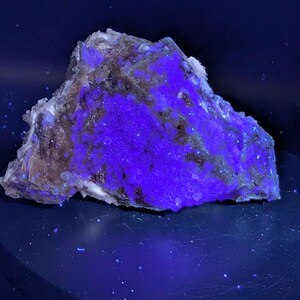 May include: A mineral specimen with a striking display of fluorescence. The rock exhibits a vibrant purple glow, contrasted by areas of brown and white. The texture appears crystalline and rough, with a dark blue background.