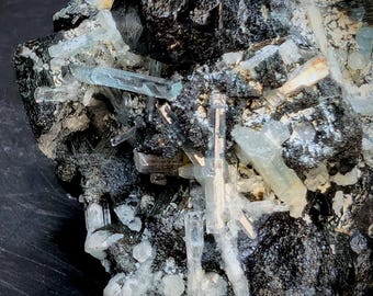 Black Tourmaline Aquamarine Crystal Cluster, Natural Mineral Specimen, Collector Display Piece