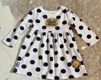 Handmade one of a kind upcycled repurposed 12-18 months University of Michigan blue and white polka dot dress