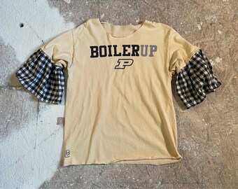 Handmade one of a kind repurposed upcycled  Purdue Boiler Up Womens ruffled tshirt (can be customized see description)