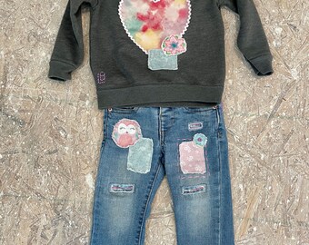 2 Toddler upcycled repurposed Jeans and sweatshirt