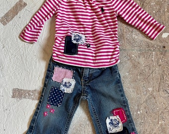 9-12 month repurposed upcycled Jeans and pink Ralph Lauren Polo shirt