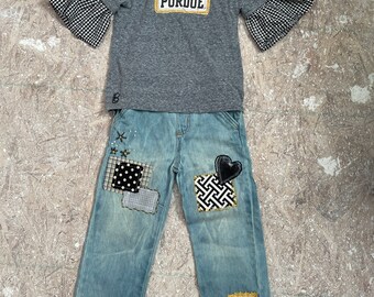 Custom toddler upcycled repurposed one of a kind Purdue Jeans and ruffled tshirt.  Can be customized for any school or size. See description