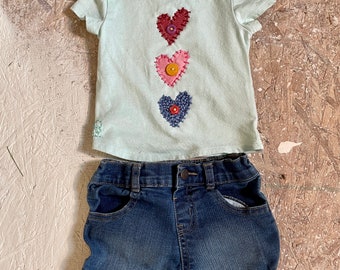 12-18 month girls hand made repurposed upcycled one of a kind jean shorts and shirt