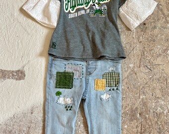 Custom little girl upcycled repurposed handmade one of a kind Notre Dame Jeans and t shirt (custom for any school or size) see description.